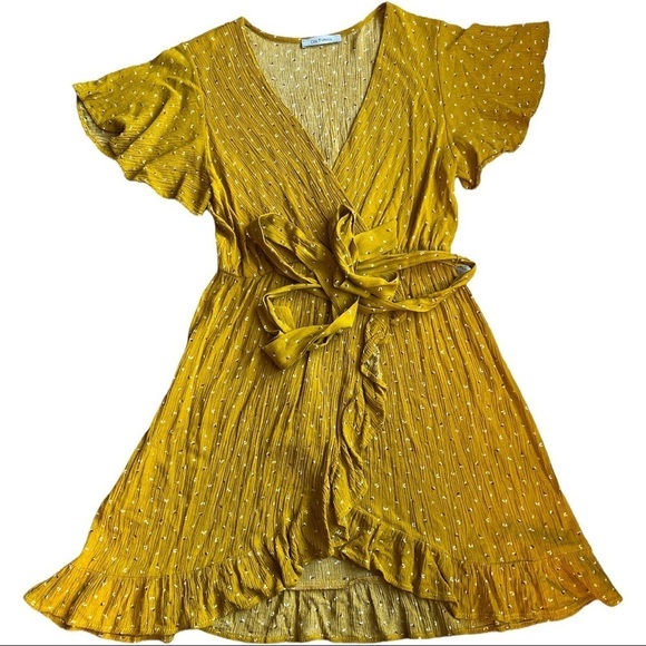 Ces Femme Mustard Ruffle Wrap Dress‎ Size S/M Summer Dress - Picture 2 of 11